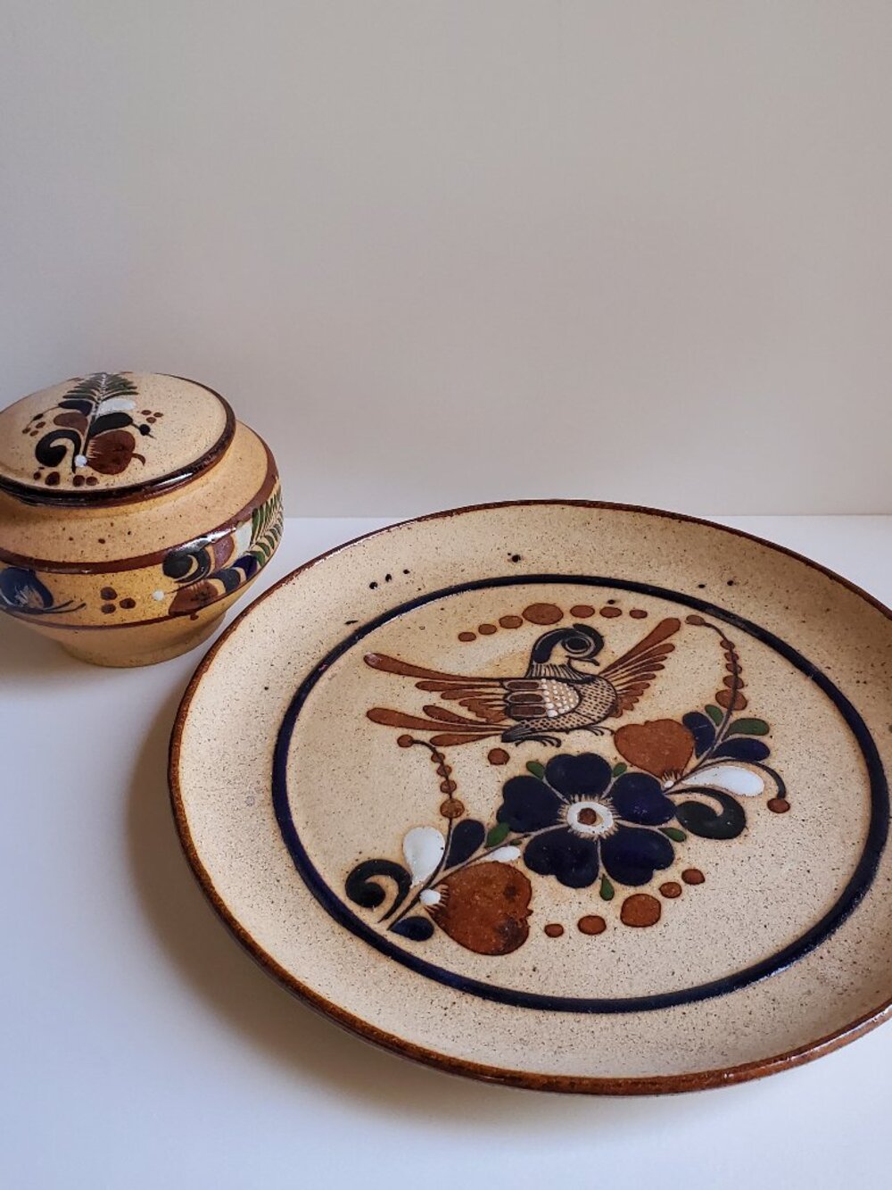 TONALA Mexican Folk Art Stoneware Pottery Plate & Lidded Trinkets Bowl Vessel